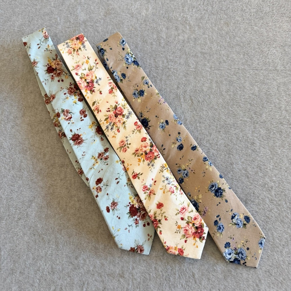 Necktie SLIM SKINNY DAZI COTTON LOT  FLORAL Blue, Cream, Tan‎ Flowers Roses